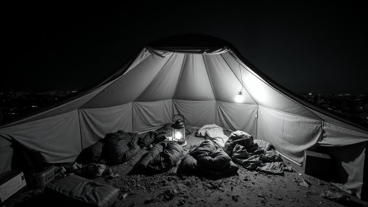 A makeshift rooftop camp with tarps and a lantern above a dark city