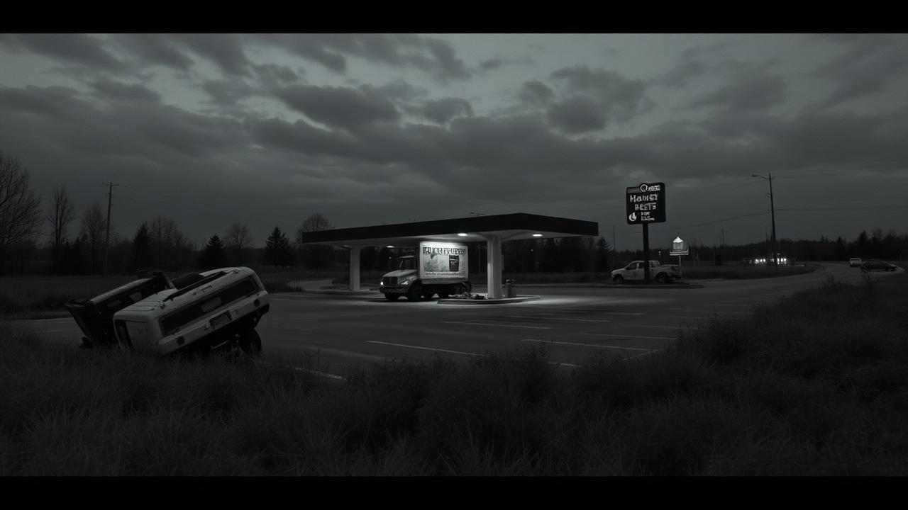 An abandoned highway rest stop at dusk with overturned vehicles