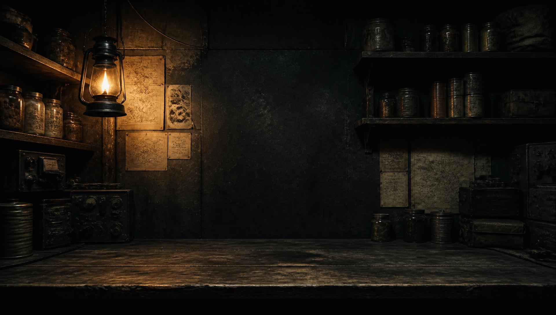 The safe room: a lantern-lit basement workbench stocked with supplies