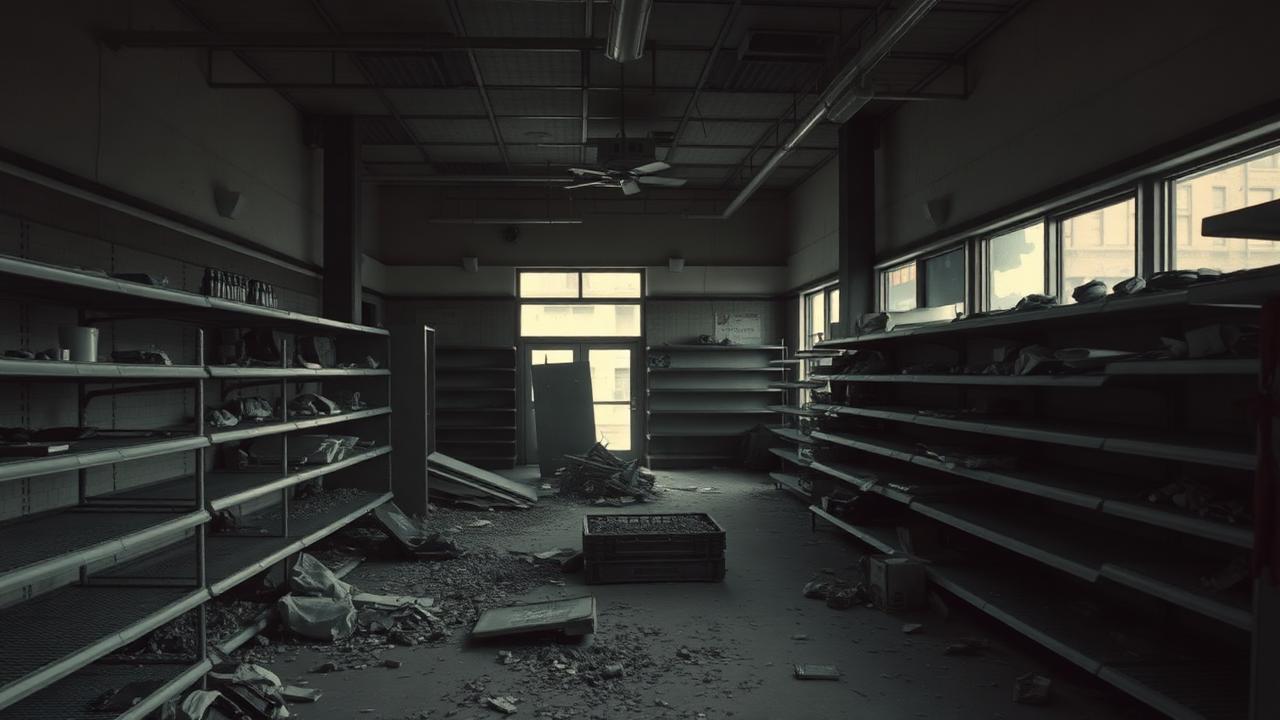 A ransacked grocery store with empty shelves and scattered debris
